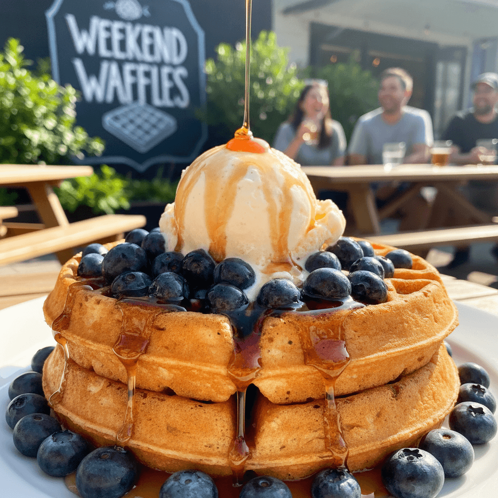 Double-stacked waffle with blueberries, vanilla ice cream, and syrup on a sunny patio