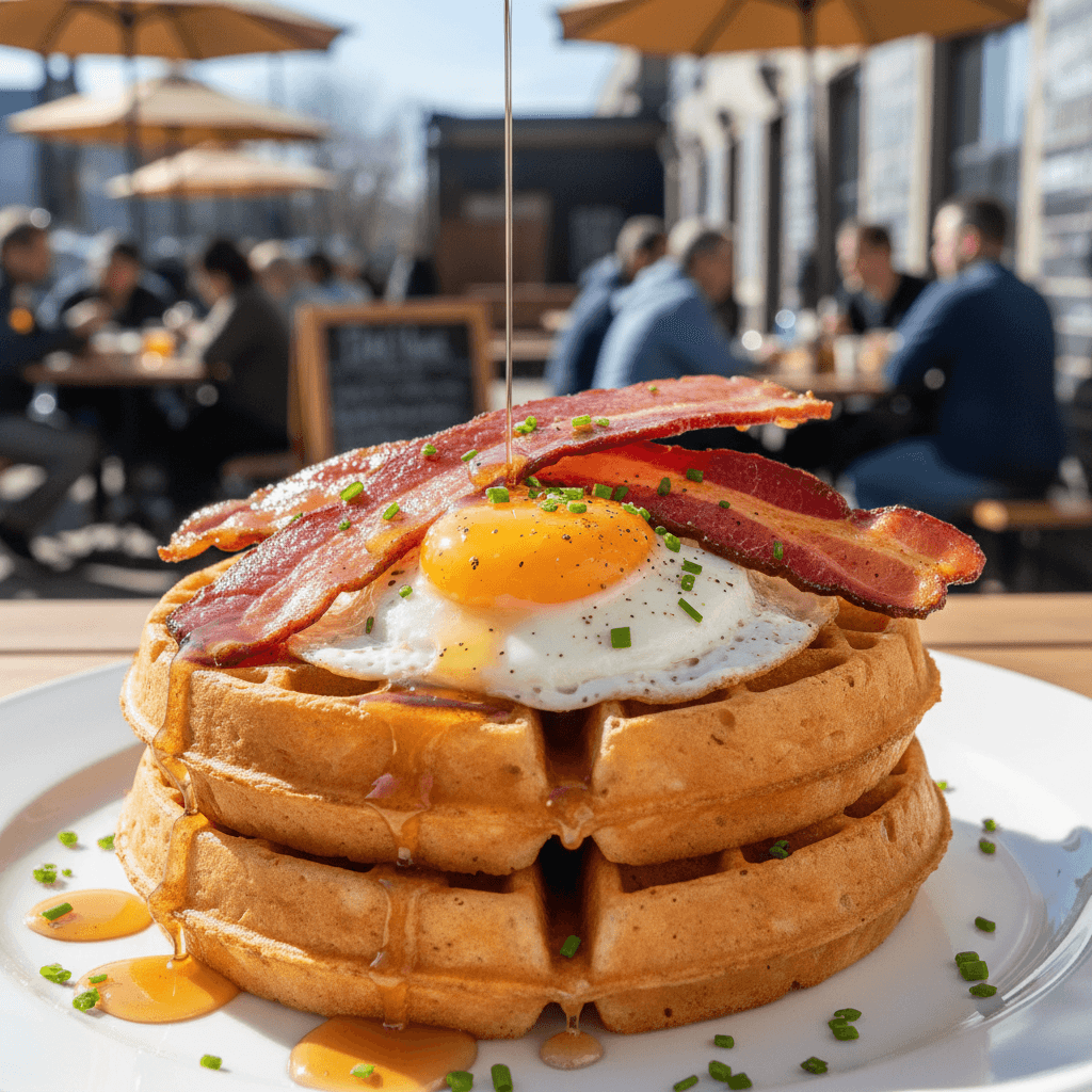 The Think waffle with bacon, egg, and maple syrup on a sunny patio