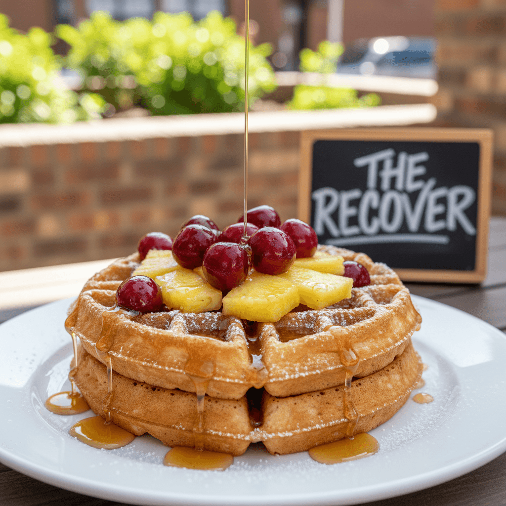 The Recover waffle with cherries, pineapple, maple syrup, and powdered sugar