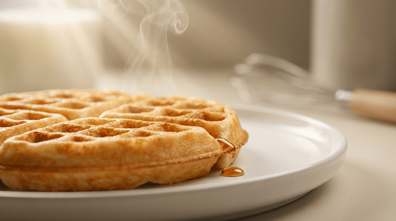 Close-up of double-stacked waffles with maple syrup being poured over the top at Have Some Waffle and Co