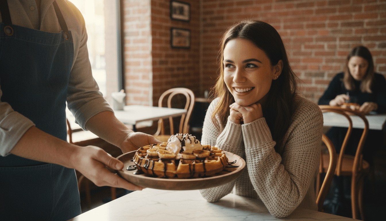 Customer enjoying their first bite of a waffle