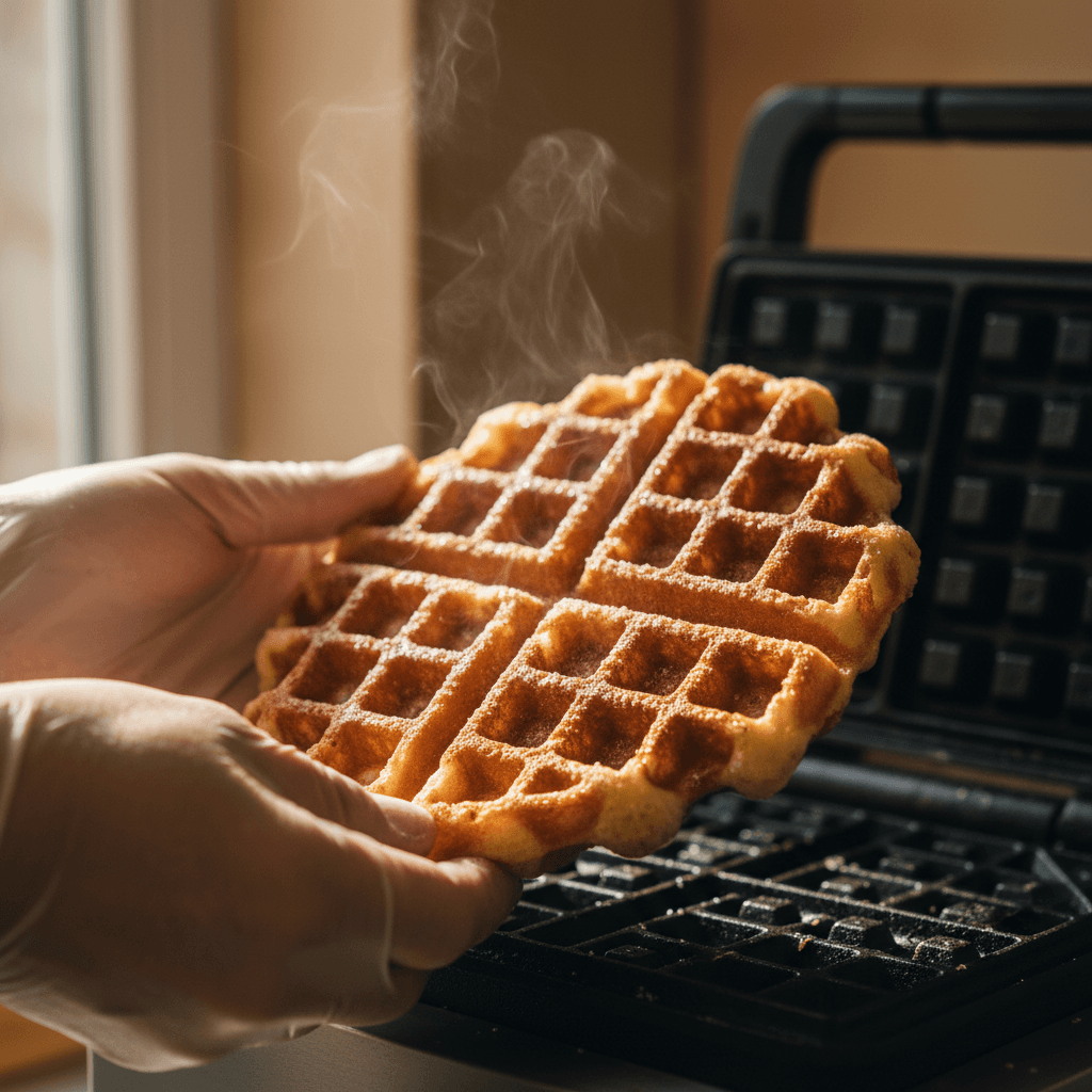 Hands holding a freshly made double-stacked waffle
