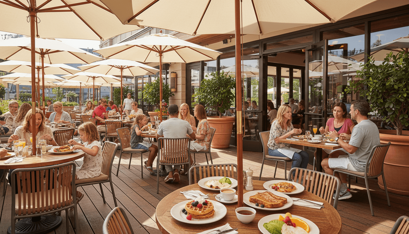 Customers enjoying waffles on Hogshead Brewery patio